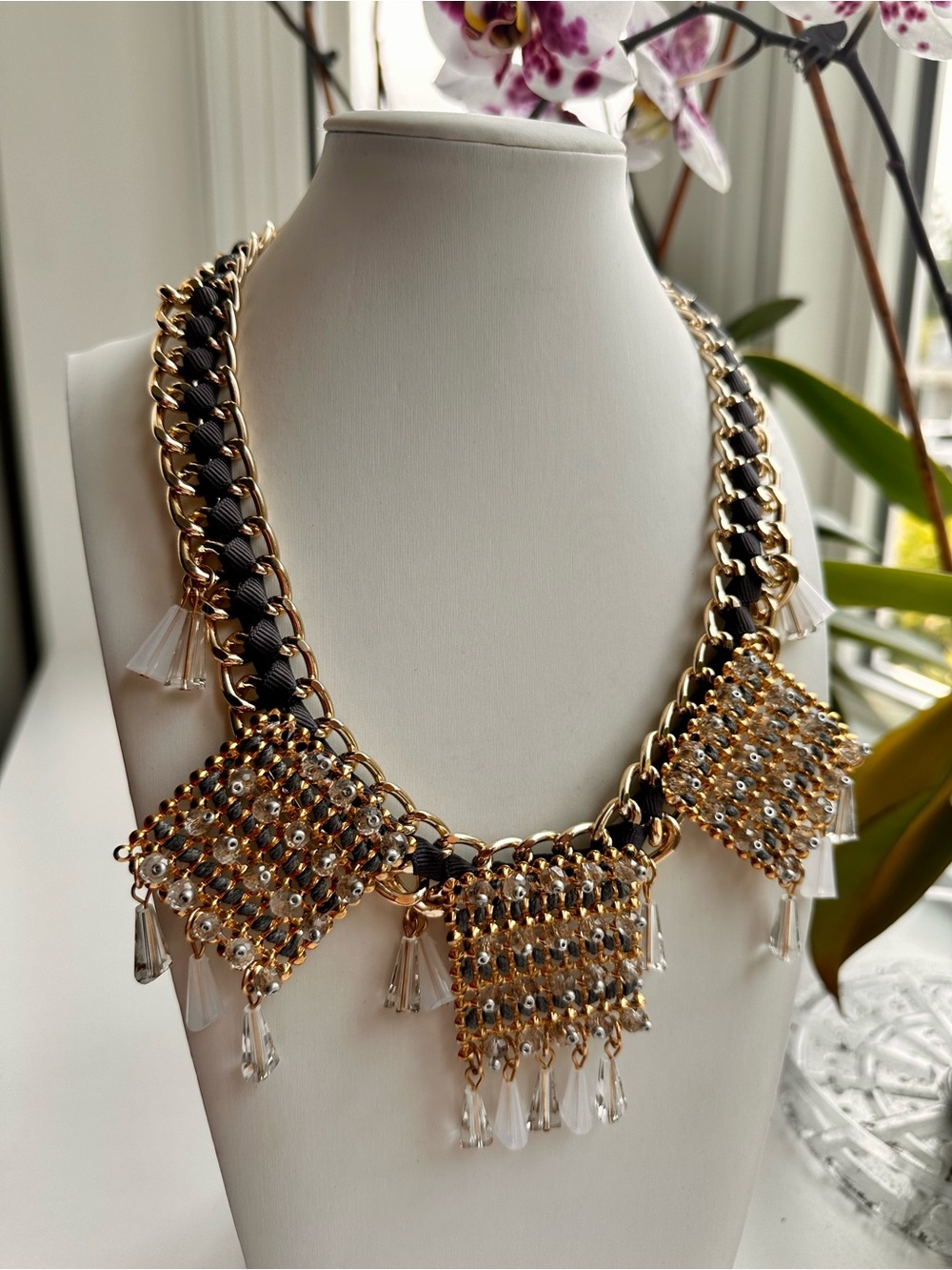 Gold and Grey Statement Rhinestone Fringe Necklace